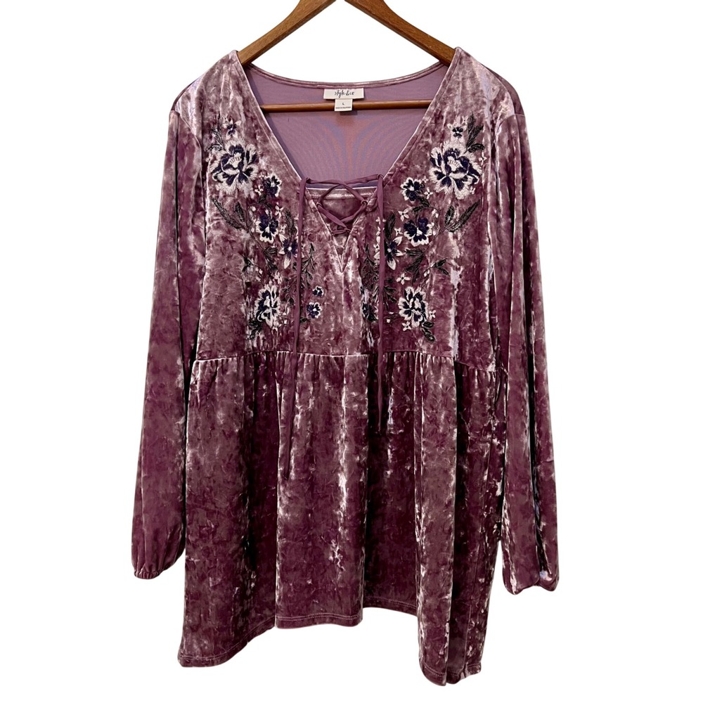 Style & Co Purple Crushed Velvet Embroidered Lace Up Babydoll Blouse Womens L